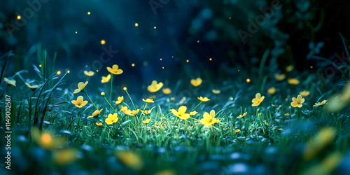 Enchanting night meadow with glowing buttercups and fireflies illuminated in moonlight