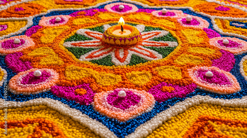 Vibrant diwali rangoli with candlelight centerpiece Vibrant diwali rangoli with candlelight centerpiece