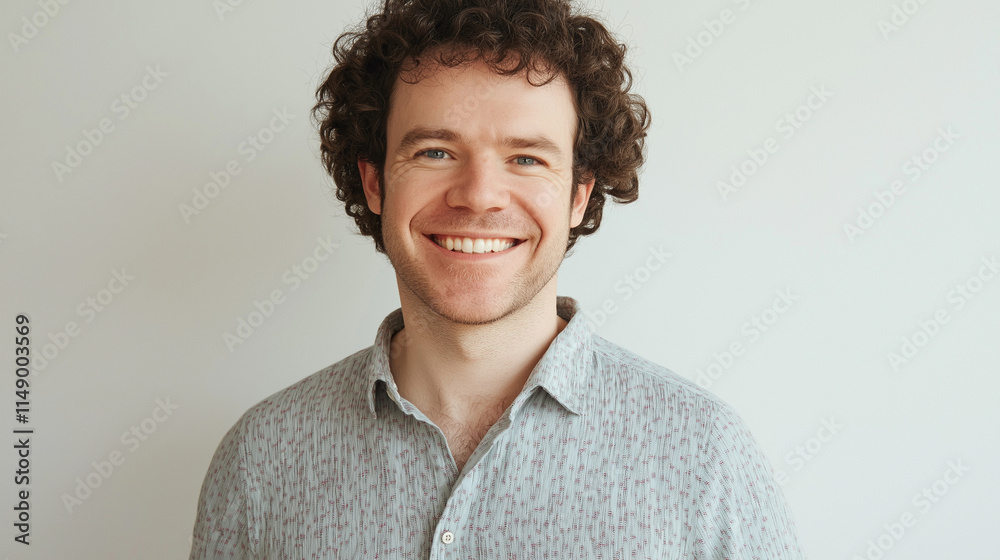 Obraz premium Lächelnder Mann mit lockigem Haar vor neutralem Hintergrund