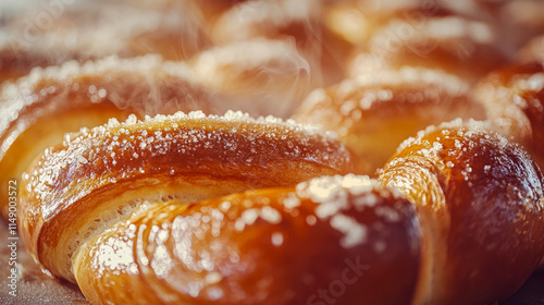 Close-up of freshly baked pretzels with salt crystals photo