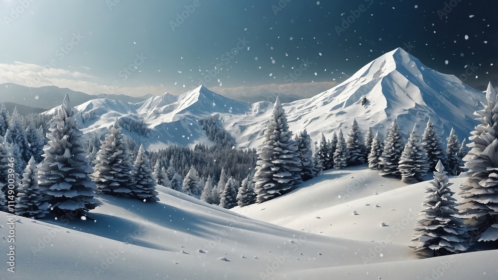 Obraz premium Paisaje invernal sereno con montañas nevadas y pinos, bajo una ligera nevada en un cielo despejado, ideal para proyectos de diseño y temas de naturaleza