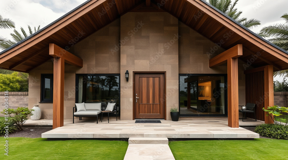 A modern, single-story house with a brown wood-framed roof and tan stone exterior. Large windows flank a wooden door. A stone patio and manicured lawn surround the house. A modern, single-story house with a brown wood-framed roof and tan stone exterior. Large windows flank a wooden door. A stone patio and manicured lawn surround the house.