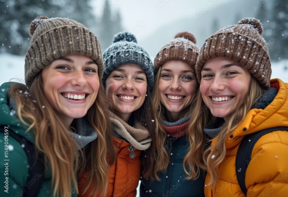 A group of friends celebrates winter in a snowy location, sharing laughter and joy while snowflakes gently fall around them, creating lasting memories together. Generative AI A group of friends celebrates winter in a snowy location, sharing laughter and joy while snowflakes gently fall around them, creating lasting memories together. Generative AI