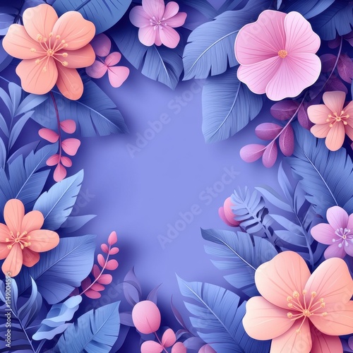Blue background with a pink and purple flowery border.