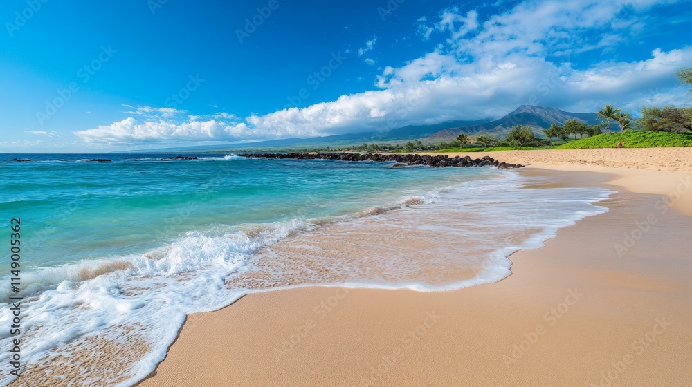 Serene Beach Landscape with Gentle Waves and Clear Blue Sky Serene Beach Landscape with Gentle Waves and Clear Blue Sky