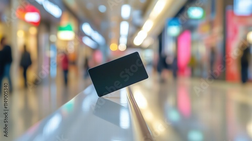 Wallpaper Mural Black card on a blurred shopping mall railing with vibrant lights. Modern business branding Torontodigital.ca