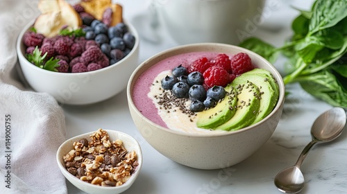 A luxurious brunch setup with smoothie bowls, avocado toast, and a perfectly crafted cappuccino