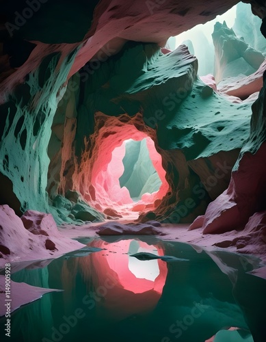 A large cosmic portal in the middle of an ancient pink cave, the walls made out with rocks, the ground is reflective white, magical and iridescent light reflections, high detail photo