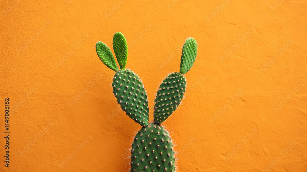 Green eared cactus as a rabbit on orange plaster Green eared cactus as a rabbit on orange plaster