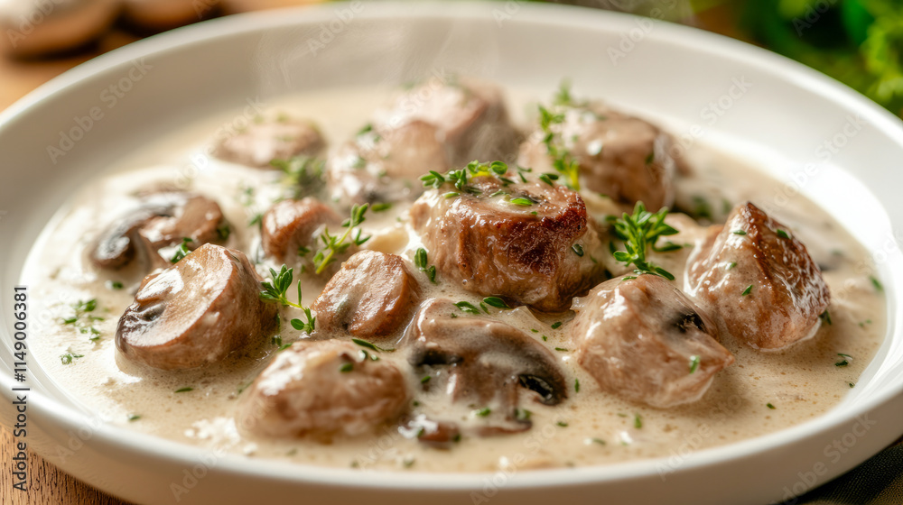 Creamy mushroom and herb sauce with tender beef bites in white dish Creamy mushroom and herb sauce with tender beef bites in white dish