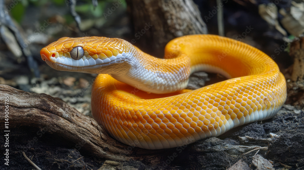 Vibrant orange and white snake coiled on a tree branch in natural habitat Vibrant orange and white snake coiled on a tree branch in natural habitat
