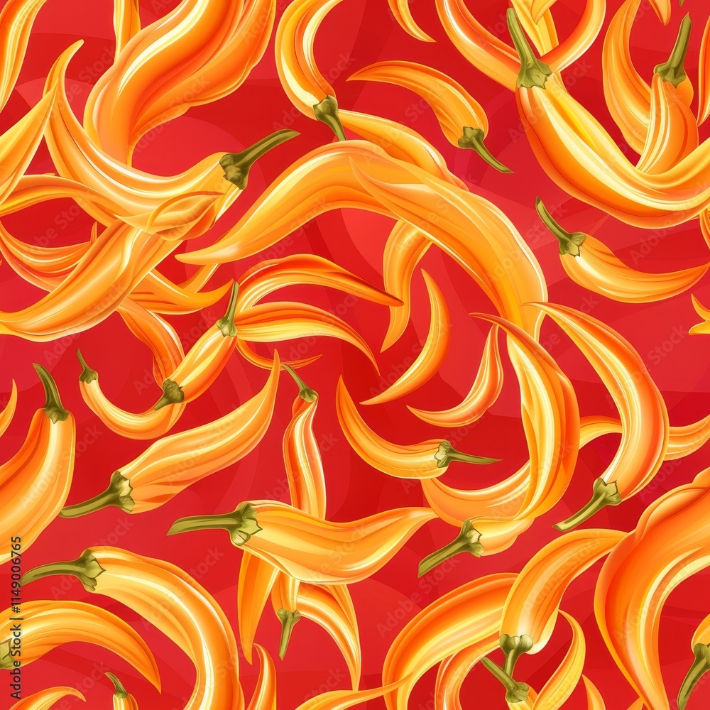 Seamless Pattern Of Vibrant Orange Chili Peppers On A Red Background, Culinary Illustration Seamless Pattern Of Vibrant Orange Chili Peppers On A Red Background, Culinary Illustration