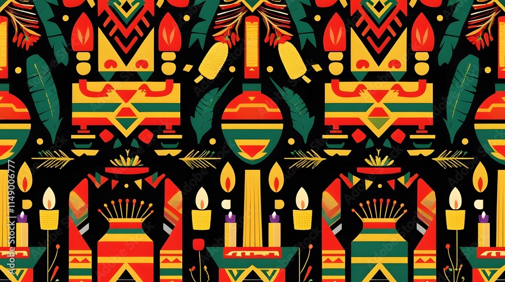 Fototapeta premium Dynamic and Colorful Seamless Pattern Blending African Tribal Designs with Kwanzaa Symbols like Candles, Unity Cups, and Maize in Rich Red, Green, Black, and Yellow Hues