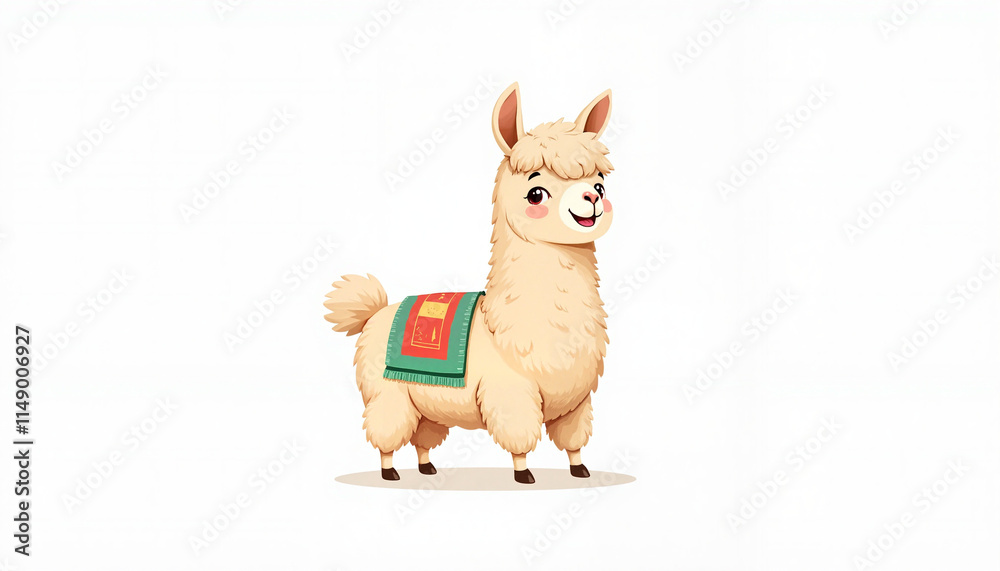 Charming llama illustration with a friendly expression and decorative blanket on a minimalist white background
Charming llama illustration with a friendly expression and decorative blanket on a minimalist white background