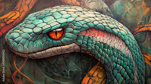 Vibrant close-up of a colorful snake with detailed scales and intense eyes photo