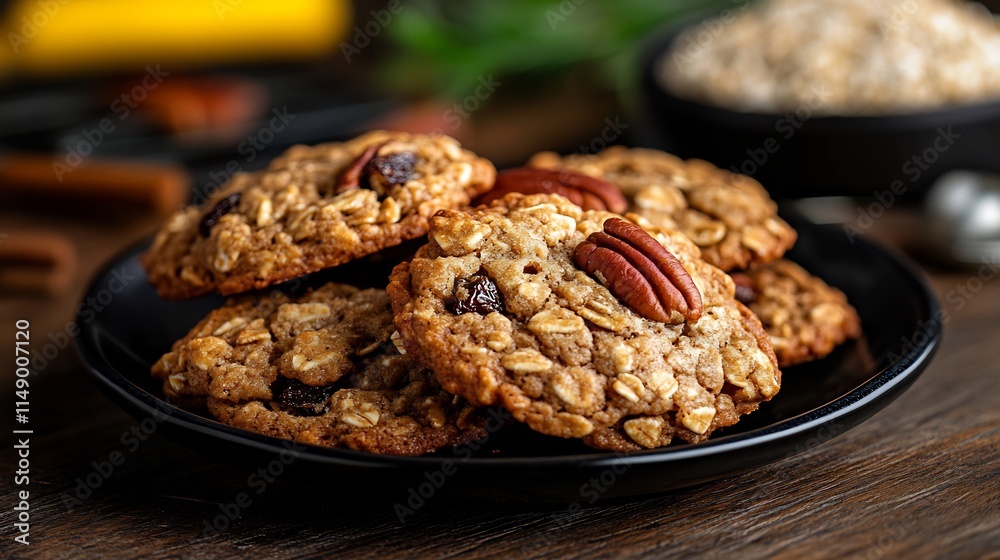 Delicious Oatmeal Raisin Pecan Cookies on a Black Plate Delicious Oatmeal Raisin Pecan Cookies on a Black Plate