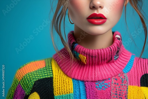 Close-up of a woman wearing a colorful knit sweater with bold patterns and vibrant red lips, set against a solid blue background photo