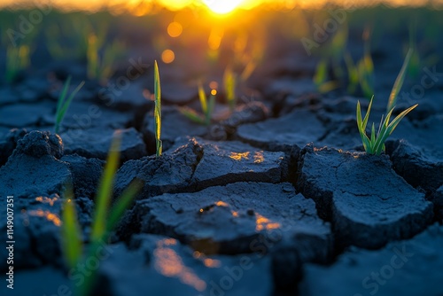Sunlit blades of grass emerging from cracked earth at golden hour, symbolizing hope and renewal