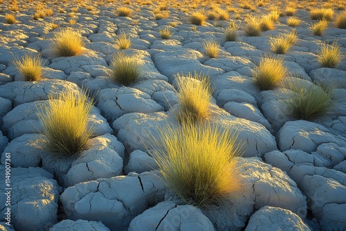 Sunlit blades of grass emerging from cracked earth at golden hour, symbolizing hope and renewal photo