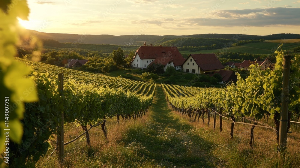 Obraz premium Vineyard Sunset Landscape: Scenic Countryside View