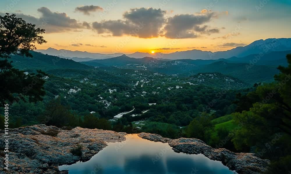 A stunning sunset over a lush valley, reflecting in a tranquil pool of water. A stunning sunset over a lush valley, reflecting in a tranquil pool of water.