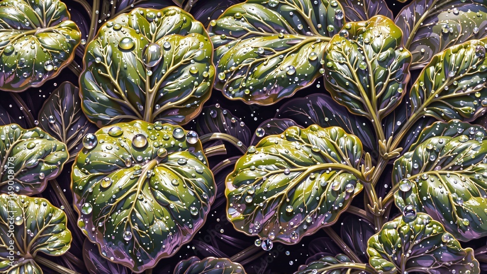 Obraz premium Close-up of lush green leaves with water droplets on a dark backdrop