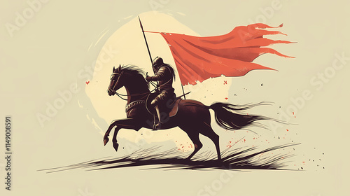 Valiant knight on horseback charging with medieval war flag. Stalwart. Illustration