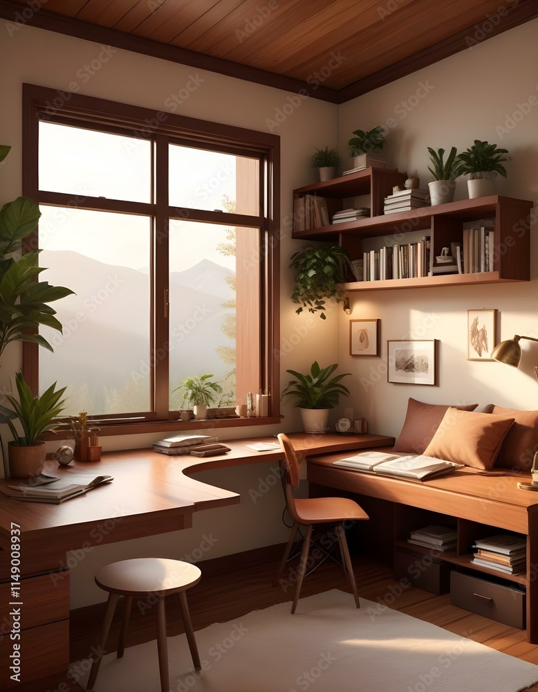 custom made wallpaper toronto digitalElevation rendering of a Z-shaped study table with built-in wall seating in a simple cabin bedroom. The room boasts a bed, lovely accents, and thriving houseplants. Abundant natural light from an expa