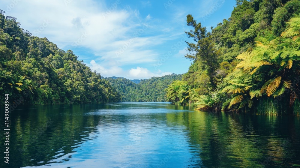 Serene River Flowing Through Lush Green Forest in Bright Daylight Serene River Flowing Through Lush Green Forest in Bright Daylight