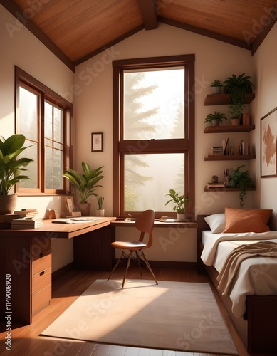 Elevation rendering of a Z-shaped study table with built-in wall seating in a simple cabin bedroom. The room boasts a bed, lovely accents, and thriving houseplants. Abundant natural light from an expa photo