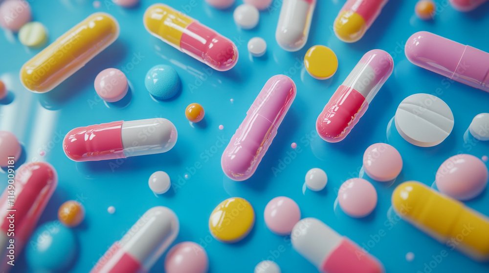 Colorful capsules and pills scattered on a blue surface Colorful capsules and pills scattered on a blue surface