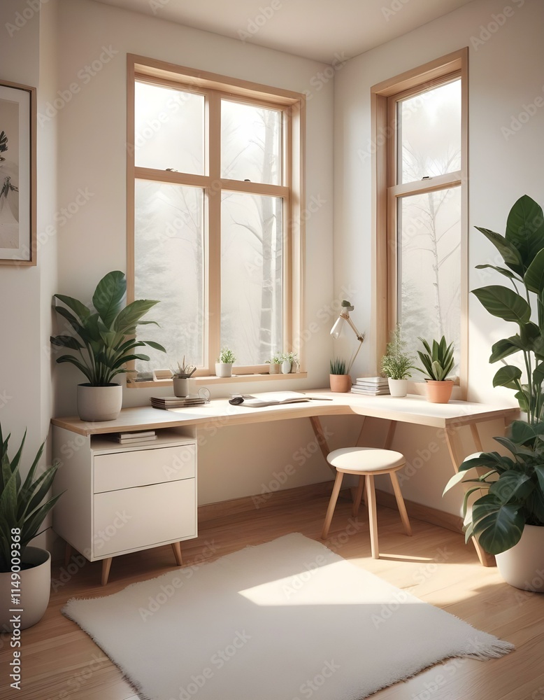 Elevation rendering of a Z-shaped study table with built-in wall seating in a simple cabin bedroom. The room boasts a bed, lovely accents, and thriving houseplants. Abundant natural light from an expa