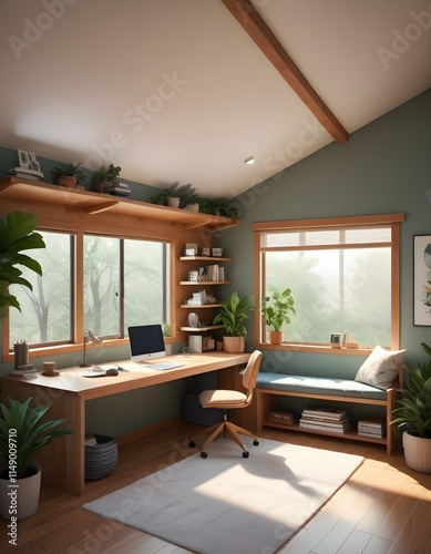 Elevation rendering of a Z-shaped study table with built-in wall seating in a simple cabin bedroom. The room boasts a bed, lovely accents, and thriving houseplants. Abundant natural light from an expa