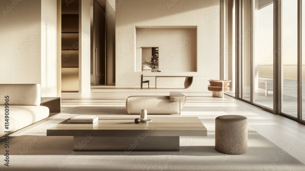 Fototapeta premium Modern minimalist room with sleek, elegant design. Featuring clean lines and neutral tones