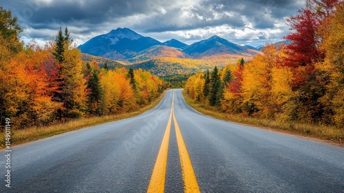 Scenic Autumn Road Through Vibrant Forest and Majestic Mountains