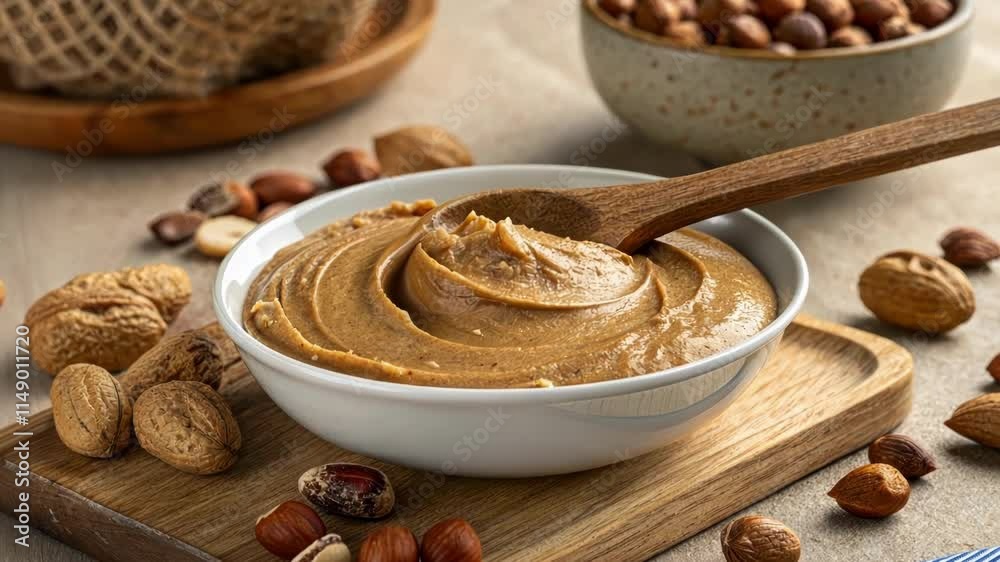 Nut Butters A thick creamy nut butter spread in a simple dish with a wooden s resting in it. Whole nuts are tered on the table emphasizing the source of the rich flavor.