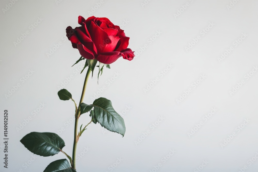 Elegant Red Rose with Green Leaves Against a Minimalist Background Perfect for Celebrations, Love Messages, and Floral Arrangements in Photography and Art Designs Elegant Red Rose with Green Leaves Against a Minimalist Background Perfect for Celebrations, Love Messages, and Floral Arrangements in Photography and Art Designs
