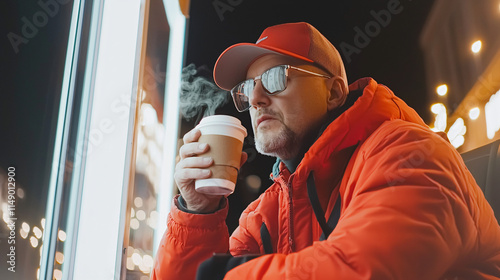 young man taking a break from car trip while drinking coffee in a gas station photo