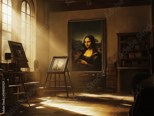 Künstlerisches Porträt einer Malerin, die die Mona Lisa erschafft