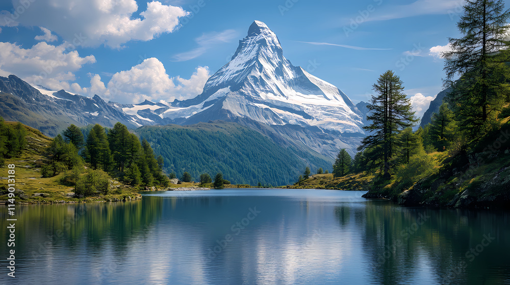Majestic mountain peak rises above serene alpine lake, surrounded by lush green forests, symbolizing strength, resilience, and triumph under a radiant blue sky. Stalwart. Illustration Majestic mountain peak rises above serene alpine lake, surrounded by lush green forests, symbolizing strength, resilience, and triumph under a radiant blue sky. Stalwart. Illustration