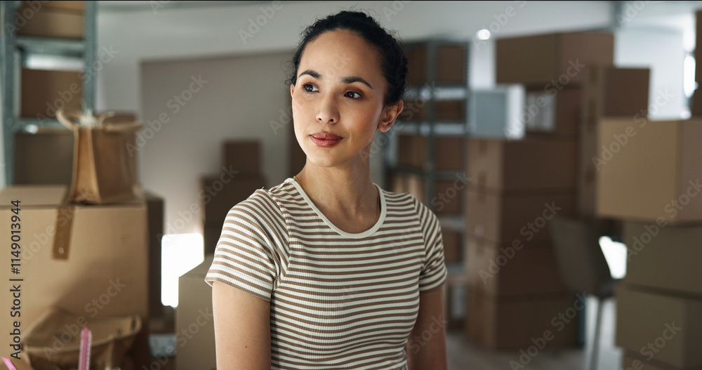 Thinking, boxes or woman in small business with ideas for shipping plan, decision or parcel. Startup, supply chain or entrepreneur with creative solution for package, order or delivery distribution Thinking, boxes or woman in small business with ideas for shipping plan, decision or parcel. Startup, supply chain or entrepreneur with creative solution for package, order or delivery distribution