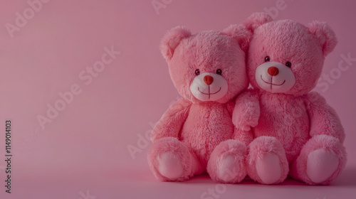 Two adorable pink teddy bears against a pink background