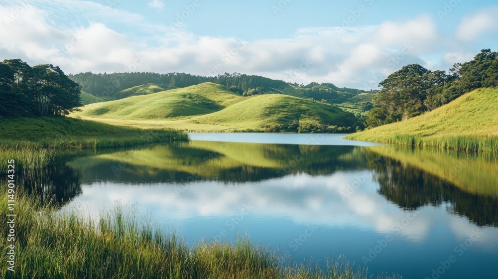 Serene Lake Reflection Surrounded by Lush Green Rolling Hills