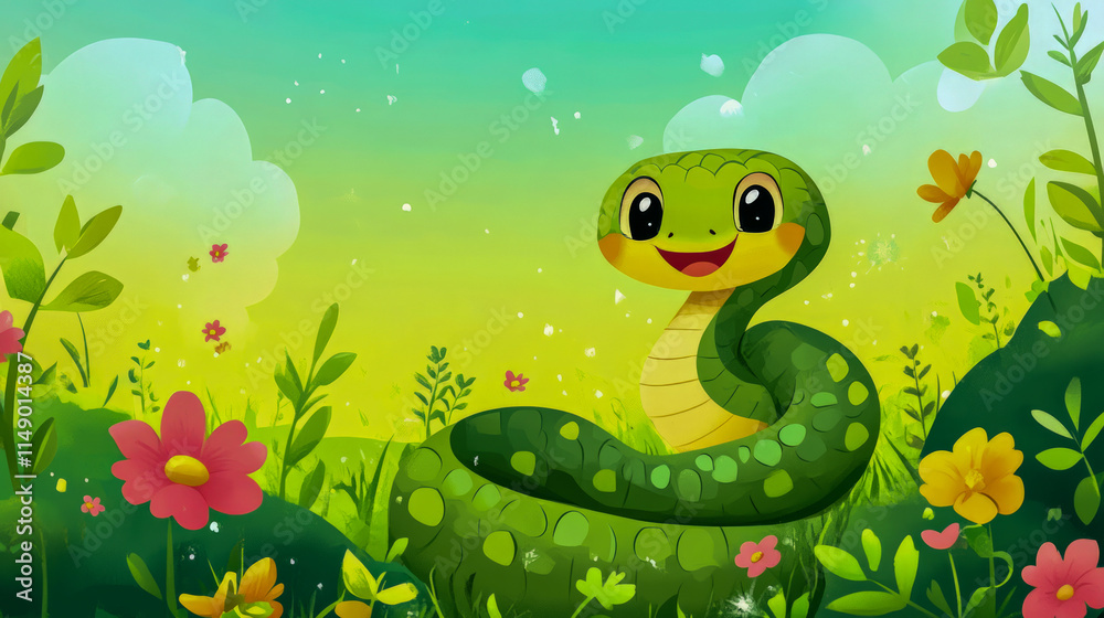 Fototapeta premium Cheerful cartoon snake in a vibrant flower-filled landscape