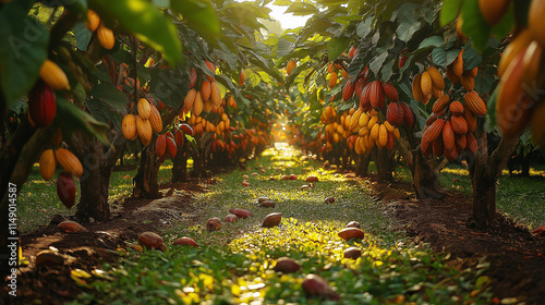Chocolate cacao tree farm with green, yellow, orange, and red cocoa pods hanging on trees with a lush green floor.