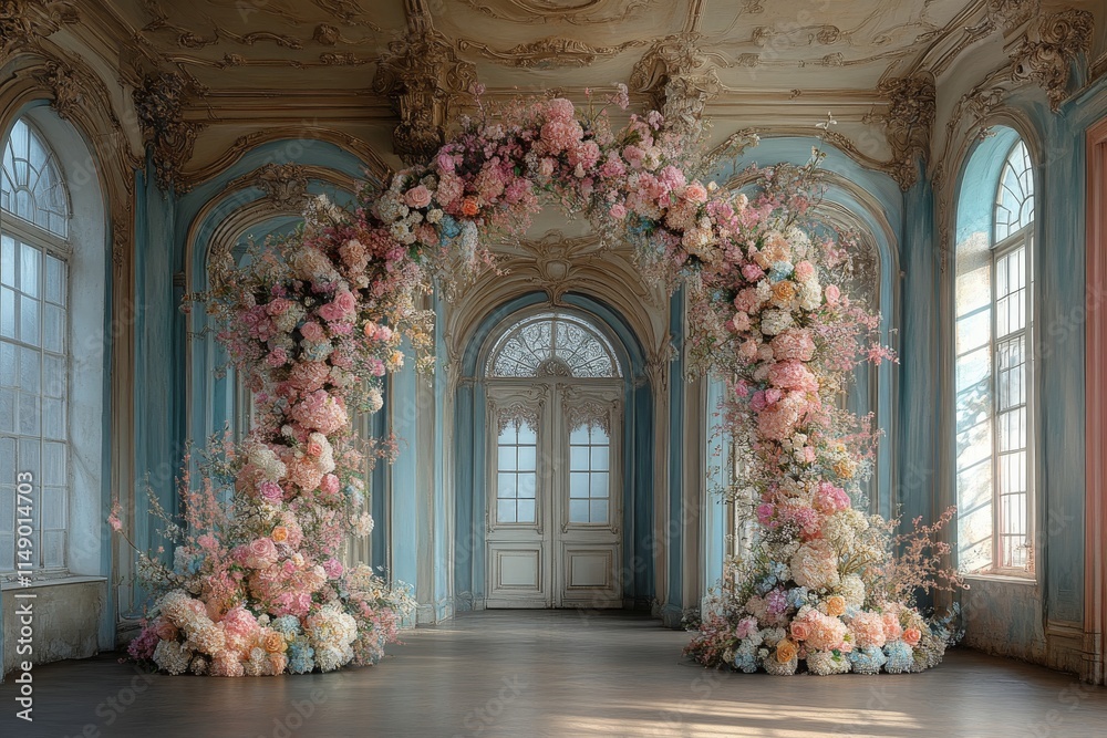 Fototapeta premium Rococo wedding arch with pearl and pastel decorations