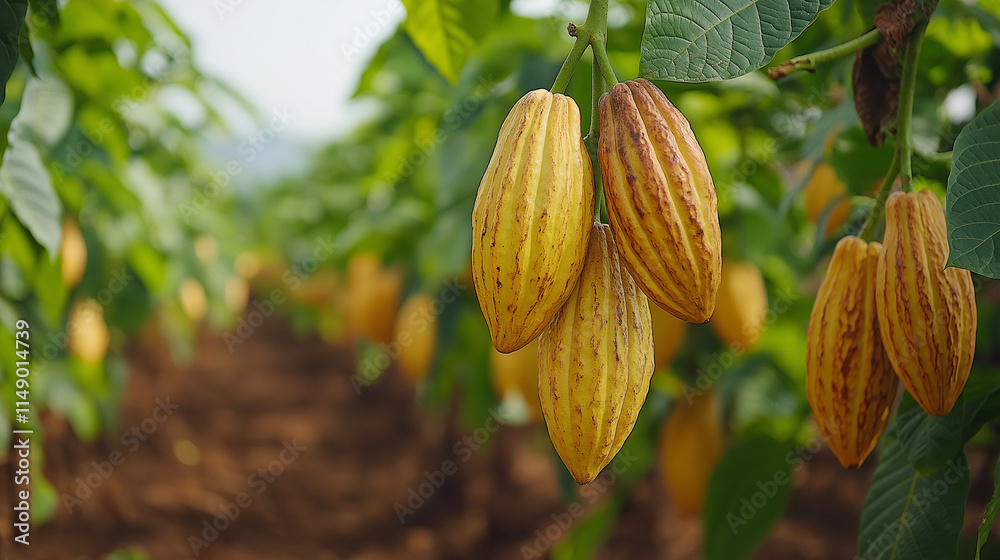 Green and Yellow Cocoa pods grow on tree. The cocoa tree ( Theobroma cacao ) with fruits.