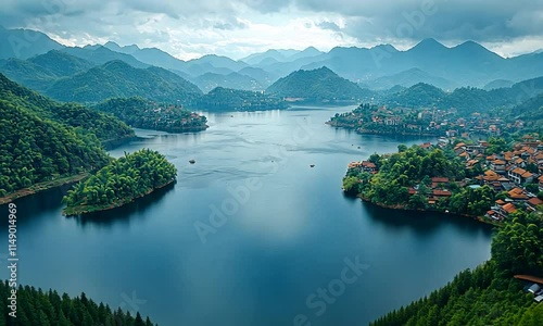 Serene landscape featuring mountains and a tranquil lake surrounded by lush greenery.