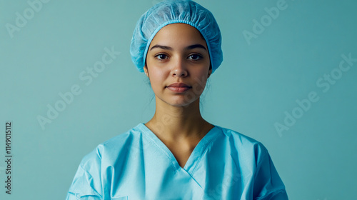 Confident young hispanic female nurse in scrubs and surgical cap photo