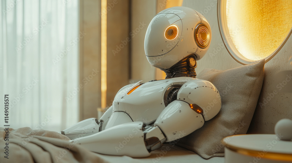 Futuristic robot relaxing in modern interior with soft lighting Futuristic robot relaxing in modern interior with soft lighting